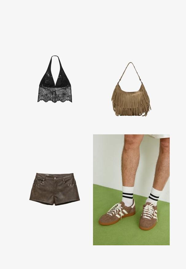 Stradivarius HALTER WITH EMBROIDERY  - Blůza - black; Hnědé šortky z faux kůže s hladkým povrchem, zdobené stříbrnými nýty na předních kapsách a zapínáním na knoflík.; Hnědé semišové tenisky s bílými akcenty a tkaničkami. Gumová podrážka. Nošeny s bílými ponožkami s černými pruhy. Zelená strukturovaná podlaha.; Hnědá semišová kabelka s dlouhými třásněmi, zakřiveným tvarem a jedním ramenním popruhem. Vyznačuje se hladkým, texturovaným povrchem.
