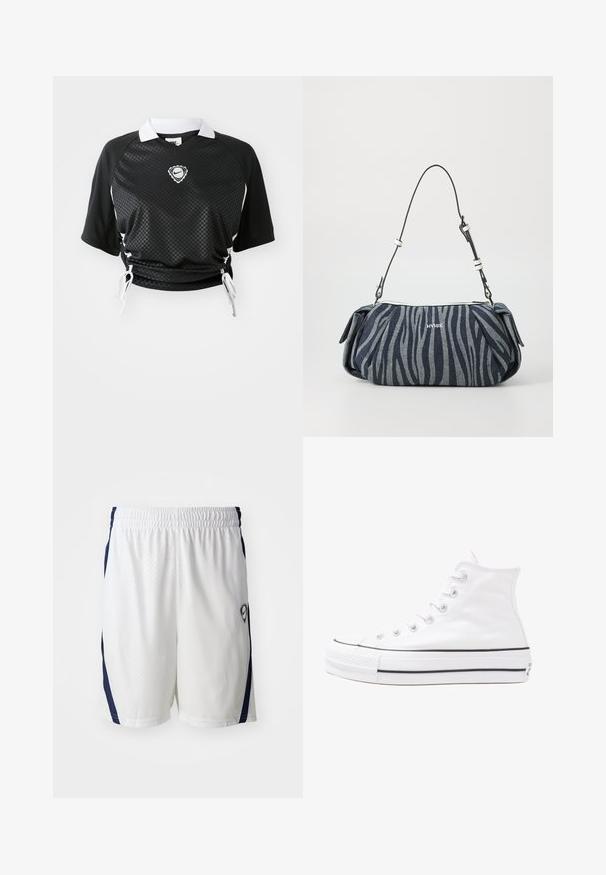 Black cropped sports shirt with short sleeves, white collar, checkered pattern, adjustable drawstring hem, and logo on the chest.; White athletic shorts with a textured fabric, elastic waistband, and navy side accents. Features a small logo on the lower right side.; White high-top canvas sneaker with black rubber sole, front rubber toe cap, and six eyelets for laces, featuring a clean, minimalist design.; Zebra-patterned denim handbag with a curved shape, dark blue and light blue tones, featuring a detachable strap and silver zipper.