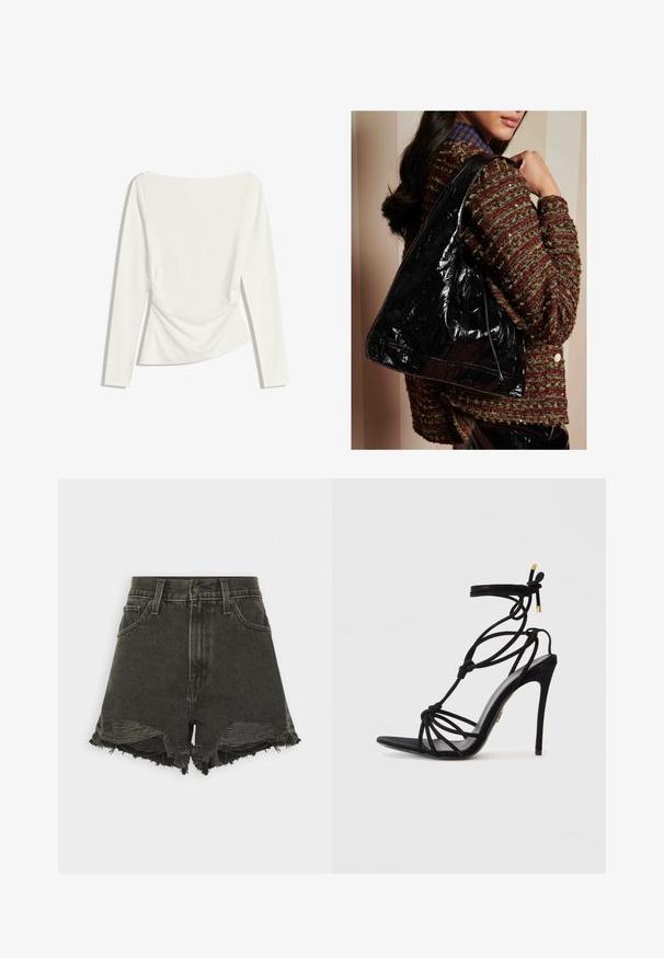 Top da donna bianco a maniche lunghe con scollatura a barca, dettaglio vita arricciato e silhouette leggermente aderente.; Shorts in denim nero con orli sfrangiati, vita alta, cinque tasche e chiusura con bottone. La texture vissuta aggiunge interesse visivo.; Sandalo nero con tacco a stiletto, design con cinturino annodato, punta aperta e tacco sottile. Texture liscia con dettagli in ottone dorato sui cinturini.; Borsa a spalla in pelle verniciata nera con una forma curva, texture liscia e chiusura a cordoncino, indossata con un maglione texturizzato rosso-verde.