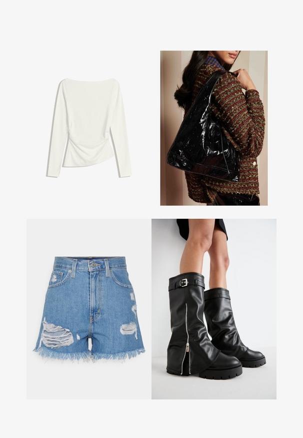 Fehér, hosszú ujjú női felső, hajónyakkal, ráncolt derékrésszel és enyhén testhezálló sziluettel.; Világoskék, magas derekú farmer rövidnadrág, megviselt, szakadt elemekkel. Fröcskölt szegéllyel és klasszikus öt zsebes kialakítással rendelkezik, gombos záródással.; Fekete bőr, térd fölé érő csizmák széles szárwith, oldalsó cipzárral és csatos díszítéssel, textúrált felülettel és vastag gumitalppal.; Fekete patent bőr válltáska ívelt formával, sima textúrával és húzózsinóros zárással, piros-zöld textúrájú pulóverrel viselve.