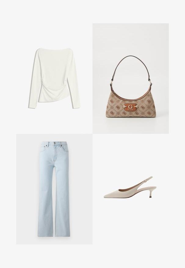 White long-sleeve women's top with boat neckline, ruched waist detailing, and slightly fitted silhouette.; Light blue denim jeans with a straight leg cut, high waist, subtle texture, and contrasting stitching. Features five pockets and metal hardware.; Beige slingback heels with a pointed toe and a low, flared heel. Made from smooth leather with a minimalistic design and adjustable strap.; Tote bag in beige fabric with brown patterned accents. Features a curved shape, single strap, and a logo plaque in front with silver hardware.