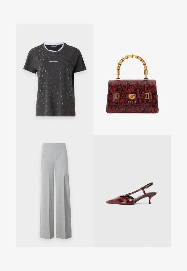 Dunkelgraues T-Shirt mit Rundhalsausschnitt, das goldene Metallakzente in vertikaler Anordnung aufweist. Logo "PATRIZIAPEPE" zentral angebracht.; Graue, weit geschnittene Hosen aus weichem, elastischem Stoff. Sie haben eine hohe Taille und ein glattes, minimales Design ohne zusätzliche Details.; Glänzende burgunderfarbene Leder-Slingback-Pumps mit spitzem Zehenbereich und T-Riemen sowie silberner Schnalle auf weißem Hintergrund.; Guess SIBEL - Handtasche - rot