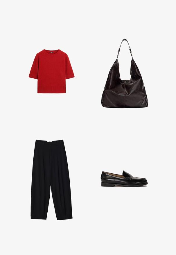 Červený pletený svetr s krátkým rukávem, kulatým výstřihem a žebrovaným lemem. Vyrobený z měkké látky, s hladkou texturou a živou barvou.; Černé široké kalhoty vyrobené z lehké tkaniny, s předními sklady, klasickým pasem a bočními kapsami. Hladký povrch.; Černé kožené mokasíny s kulatou špičkou, jednoduchým designem na obouvání a diskrétními prošívanými detaily na svršku. Plochá gumová podrážka.; Hnědá kožená kabelka s uvolněným tvarem, širokým otvorem a jedním popruhem na rameno. Obsahuje jemné akcenty v podobě švů.