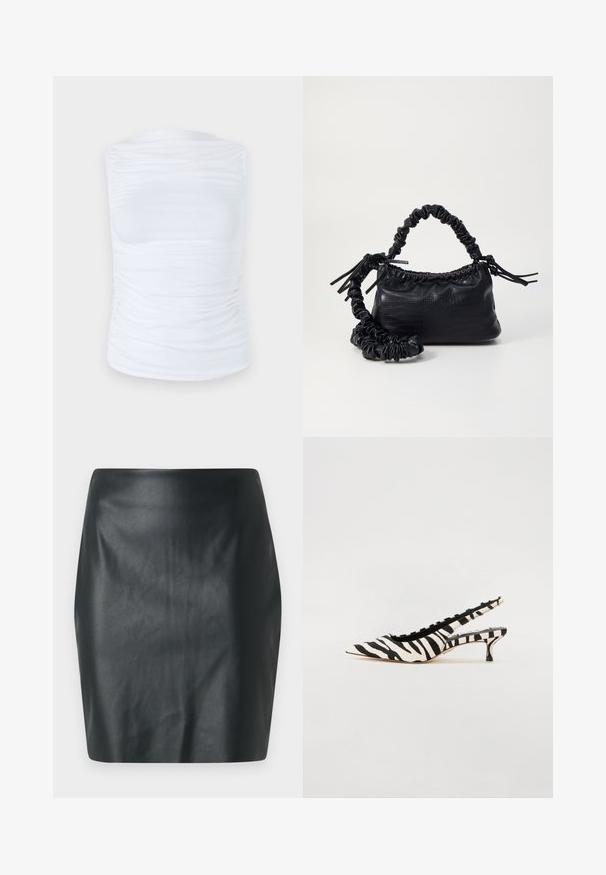 Top alb fără mâneci, fabricat dintr-un material neted și elastic, cu detalii pliate pe laturi, având un decolteu rotund și o siluetă ajustată.; Fustă mini din piele ecologică neagră, cu o textură netedă, tăietură ajustată și dreaptă. Fără detalii metalice sau embellishments vizibile.; Steve Madden KARI - Pantofi clasici cu toc - black; Geantă din faux leather neagră cu textură de crocodil, cu partea superioară strânsă și o curea mototolită. Pare moale și compactă ca design.