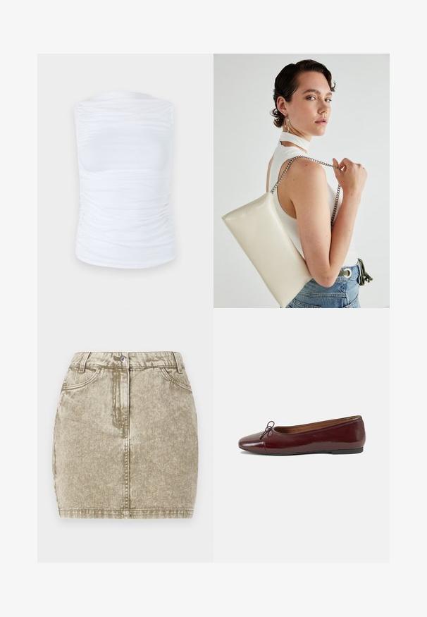 Balta be rankovių palaidinė, pagaminta iš glotnaus, tamprus audinio, su susiraukšlėjimais šonuose, apvali iškirptė ir prigludusi siluetas.; Chaki džinsinė sijonas su tekstūruotu paviršiumi, penkiomis kišenėmis, priekyje esančiu mygtukų uždarymu ir siuvinėtomis detalėmis aplink kraštus.; Bordo lakiotos odos baleto bateliai su apvalia nosimi, maža kaspinėlio akcentu priekyje ir žema juoda guma padanga. Lygi tekstūra.; Balta, stačiakampio formos rankinė pagaminta iš blizgaus medžiagos, su sidabriniu virvute. Modelis pozavo, demonstruodamas rankinę prieš paprastą foną.