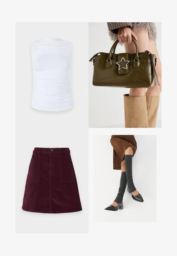 Hvit ermeløs topp laget av glatt, elastisk stoff med rynkedetaljer langs sidene, med rund halslinning og en tettsittende silhuett.; Burgunderfarget kordfløyelskjørt i A-fasong med to lommer foran, knappelukking i livet og teksturert overflate.; Sorte lakkpumps med spiss tå, blokkhel, og ankelstropp, kombinert med grå ribbestrikkede beinvarmere og et brunt semsket skinn skjørt.; Oliven grønn faux lær håndveske med sølvstjerneakcent, doble håndtak og glidelåslukking. Teksturert overflate og strukturert form.