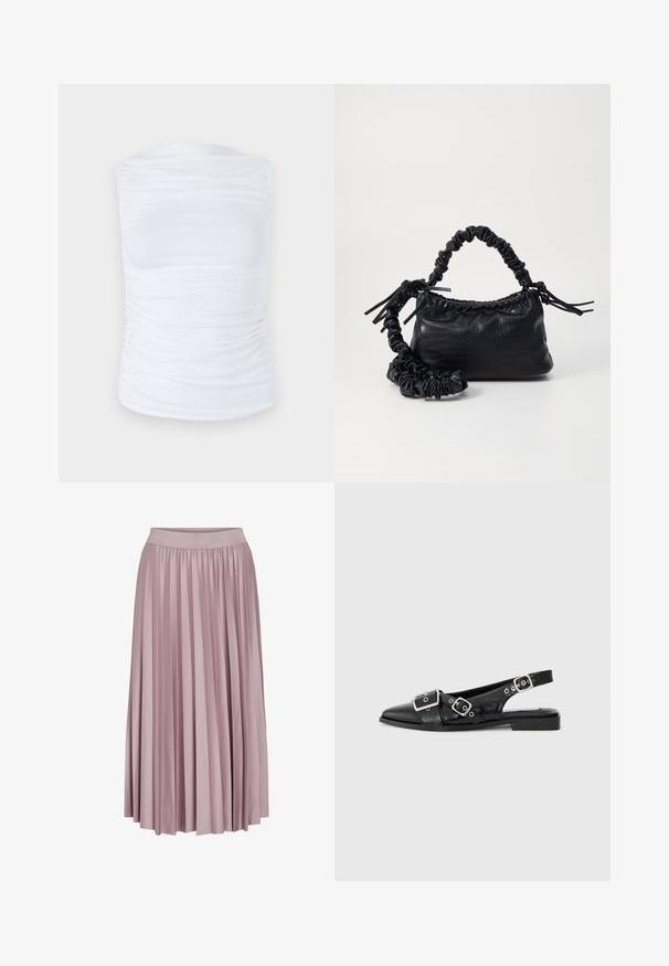 Top alb fără mâneci, fabricat dintr-un material neted și elastic, cu detalii pliate pe laturi, având un decolteu rotund și o siluetă ajustată.; Fustă lungă pliată dintr-un material moale de culoare roz pal, având un talie elastică. Textura netedă și designul fluid îmbunătățesc forma generală a fustei.; Pantofii slingback din piele neagră, cu vârf ascuțit, două catarame argintii și toc mic pătrat. Prezintă un exterior texturat și spate deschis.; Geantă din faux leather neagră cu textură de crocodil, cu partea superioară strânsă și o curea mototolită. Pare moale și compactă ca design.