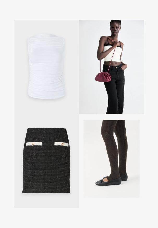 Fehér, ujjatlan felső sima, rugalmas anyagból, az oldalakon redőzött részletekkel, kerek nyakkivágással és fitted sziluettel.; Fekete tweed szoknya textúrált anyagból, testhez álló fazonnal. Két fehér zsebfedél aranyszínű gombokkal díszítve.; Fekete lapos cipők kis masni díszítéssel az orrán, sötétbarna bordázott harisnyával párosítva. A cipők sima textúrával és alacsony profilúak.; Burgundy puha anyagú kézitáska, ráncolt dizájnnal és hosszú pánttal, keresztben hordva. A modellen fehér rövid top és fekete farmer van.