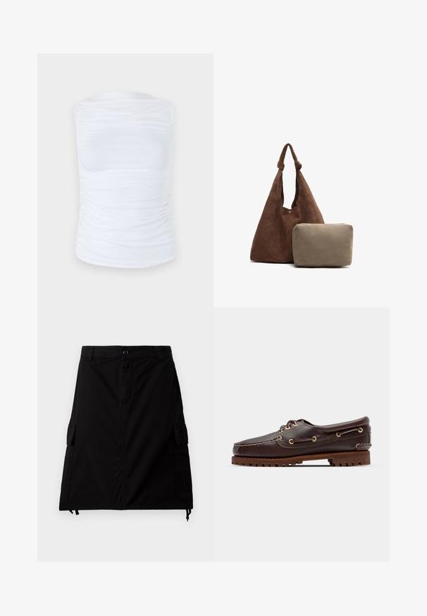 Bela brezrokavna majica iz gladkega, elastičnega materiala z nabiranjem ob straneh, s krožnim izrezom in oprijetim krojem.; Črna cargo krila iz mešanice bombaža z ravnim krojem, ki vključuje stranske žepe, sprednje gumbno zapiranje in nastavljiv rob s vrvico.; Rjave usnjene čolnarske čevlje z zlatimi očesi, okroglicami in teksturiranim rjavim gumijastim podplatom. Ima šivano podrobno obdelavo in dvignjen logotip.; Rjava semiš torba za rame z vozlanim trakom, ki vključuje majhno bež zadrgo. Torba ima mehak teksturo in preprost dizajn.