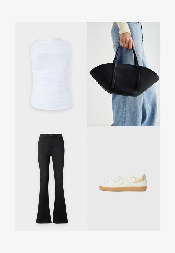 Top sans manches blanc en tissu lisse et extensible avec des détails froncés sur les côtés, présentant un col rond et une silhouette cintrée.; Jeans noirs évasés en denim, dotés d'une taille haute, de poches avant et d'un design classique à cinq poches avec des boutons en métal.; Replay PYPER W TRADE - Baskets basses - white; Sac à main en cuir noir avec une forme de éventail unique, doté de poignées plates. La surface présente une texture granuleuse et un design minimaliste.