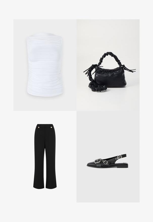 White sleeveless top made of smooth, stretchy fabric with gathered details along the sides, featuring a round neckline and a fitted silhouette.; Black wide-leg trousers with a smooth texture, featuring a high waist, two gold-tone buttons, and a tailored design. No visible pockets.; Black leather slingback shoe with a pointed toe, two silver buckles, and a low block heel. Features a textured upper and open back.; Black faux leather handbag with a crocodile texture, cinched top, and a scrunched strap. Appears soft and compact in design.