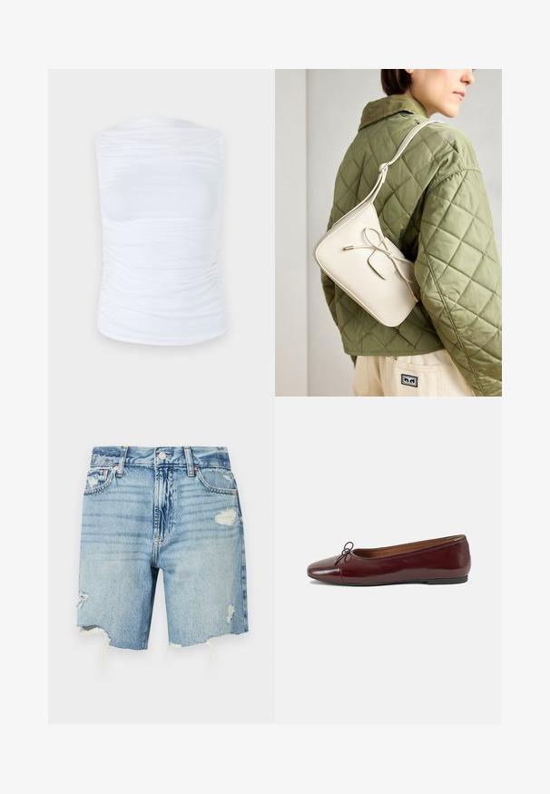 Fehér, ujjatlan felső sima, rugalmas anyagból, az oldalakon redőzött részletekkel, kerek nyakkivágással és fitted sziluettel.; Világoskék farmer rövidnadrág magas derékkal. Megviselt részletekkel rendelkezik, rojtos szegéllyel és több zsebbel. Klasszikus öt zsebes kialakítás.; Burgundi lakkbőr balettcipő kerek orral, elöl kis masni díszítéssel és alacsony, fekete gumi talppal. Simára csiszolt felület.; Beige színű bőr keresztpántos táska masni részlettel, arany színű fém kiegészítőkkel és egy állítható pánttal, zöld steppelt dzsekin viselve.