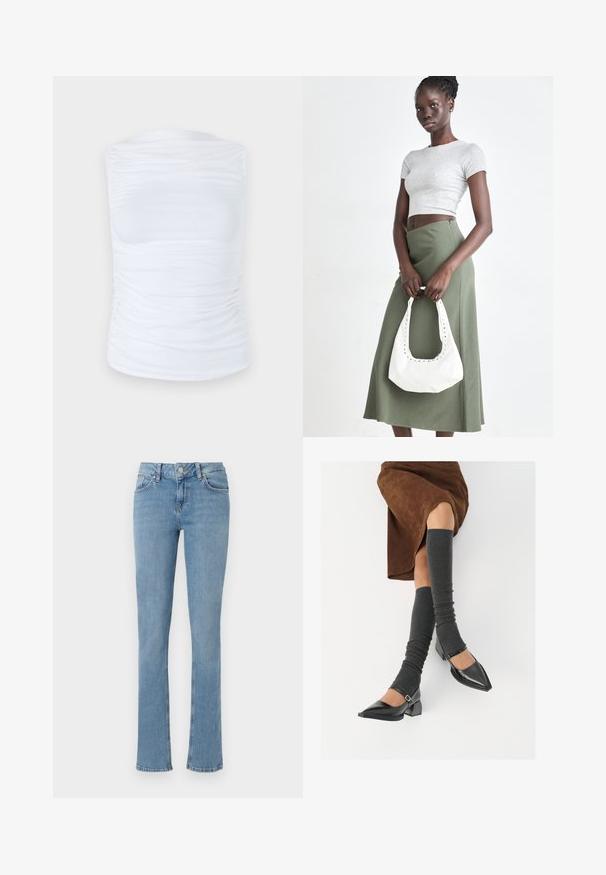 Fehér, ujjatlan felső sima, rugalmas anyagból, az oldalakon redőzött részletekkel, kerek nyakkivágással és fitted sziluettel.; Világoskék farmernadrág, amelynek bokája kibővült, jellemzője az öt zsebes kialakítás, gombos zárás és látható varrási részletek.; Fekete lakk bőrből készült, hegyes orrú cipők, tömbsarkúakkal és bokapánttal, szürke bordás lábszármelegítőkkel és barna velúr szoknyával párosítva.; Szürke bordázott cropped top és olajzöld, magas derékú szoknya. A modellen egy fehér válltáska van, amely kivágott részletekkel rendelkezik. Egyszerű dizájn, testhezálló sziluett.