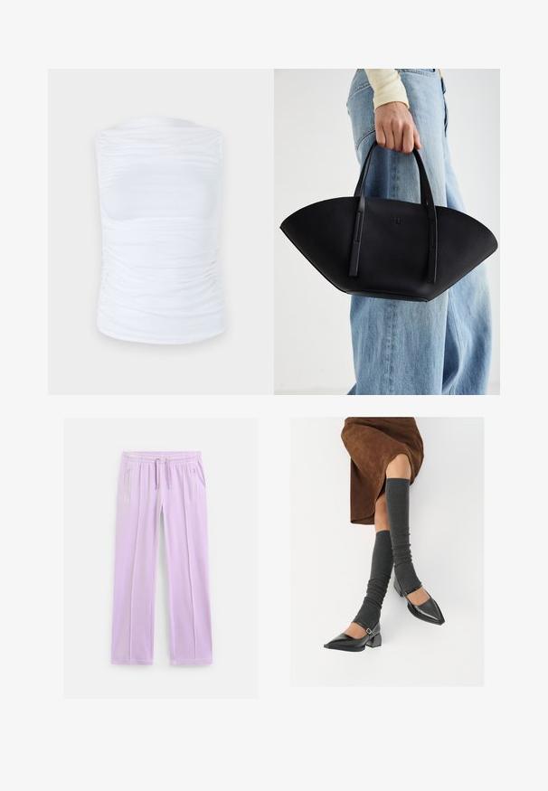 Biely top bez rukávov vyrobený z hladkej, elastickej tkaniny s nariasenými detailmi po stranách, s okrúhlym výstrihom a priliehavým strihom.; Svetlofialové tepláky s rovnými nohavicami, elastickým pásom, nastaviteľnými šnúrkami a bočnými vreckami so zipsom.; Čierne lakované kožené topánky s špicatou špičkou, blokovým podpätkom a členkovým remienkom, ktoré sú kombinované so šedými rebrovanými legínami a hnedou zamšovou sukňou.; Čierna kožená kabelka s jedinečným tvarom ventilátora, so plochými držadlami. Povrch má štruktúru s brúseným efektom a minimalistic design.