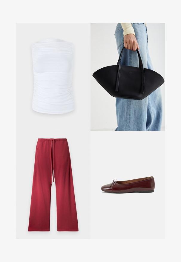 Balta bez piedurknēm tops, kas izgatavots no gludas, elastīgas auduma, ar saplacinātiem elementiem sānos, ar apaļu dekoltē un pieguļošu siluetu.; Sarkani platleņķa bikses, izgatavotas no mīksta auduma, ar elastīgu jostu, kas aprīkota ar auklu, un sānu kabatām ērtībai.; Burgundijas laku ādas baleta kurpes ar noapaļotu purngalu, nelielu loku akcentu priekšā un zemu melnu gumijas zoli. Gluda tekstūra.; Melnas ādas rokassoma ar unikālu ventilatora formu, aprīkota ar plakaniem rokturiem. Virsma ir ar graudainu faktūru un minimālistisku dizainu.