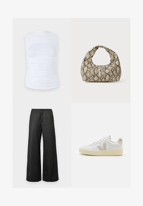 Valge ilma varrukateta topp, mis on valmistatud siledast ja venivast kangast, mille külgedel on kogutud detailid. Topp on ümmarguse kaelusega ja mudeli järgi istuv.; Mustad laiad püksid esikottide ja kõrge vöökohaga, valmistatud siledast kangast, esitatud üheltoonilisel heledal taustal.; Valge nahast tenniseking, millel on beežist siidist aktsent ja aukudega varvas, lame paelad ja tekstureeritud koorevärvi tallad. Omab nüansirikast brändimist kannal.; Musta käärmeprindiga kott kõveraga käepidemega. Valmistatud tekstiilsetest, beežidest ja pruunidest materjalidest, millel on iseloomulik rombikujuline muster.