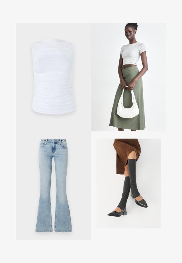 Top blanco sin mangas hecho de una tela suave y elástica con detalles fruncidos a lo largo de los lados, con un escote redondo y una silueta ajustada.; Pantalones vaqueros de mezclilla de corte acampanado en azul claro con una cintura de altura media, cinco bolsillos y costuras con detalles bordados, que cuentan con un cierre de botón metálico.; Zapatos de charol negros con punta afilada, tacón bloque y tira de tobillo, combinados con calentadores de piernas de canalé grises y una falda de ante marrón.; Top corto de canalé gris y falda de tiro alto verde oliva. La modelo sostiene un bolso de hombro blanco con detalles recortados. Diseño simple, silueta ajustada.