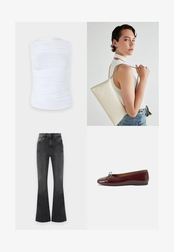 Top branco sem mangas feito de um tecido liso e elástico, com detalhes franzidos nas laterais, apresentando um decote redondo e uma silhueta justa.; Jeans pretos a boca de sino com cintura alta, detalhes de costura e cinco bolsos. O tecido tem uma textura suave com um acabamento desbotado.; Bailarinas em couro sintético borgonha com bico redondo, pequeno laço na frente e sola baixa em borracha preta. Textura suave.; Bolsa de mão retangular branca, feita de material brilhante, com uma alça em corrente prateada. Modelo posa, exibindo a bolsa contra um fundo simples.