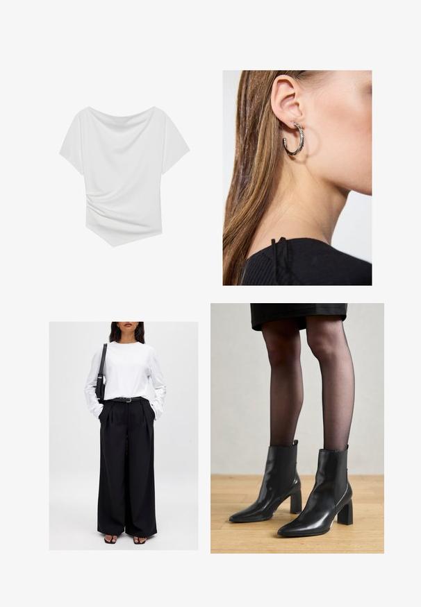Wit top met korte mouwen en een off-the-shoulder ontwerp, voorzien van een gedrapeerde textuur en een geplooid detail aan één kant. Glad materiaal.; NA-KD Broek - black; Zwarte leren enkellaarsjes met een spitse neus, stevige vierkante hak en een fraaie uitstraling. Beschikt over elastische zijpanelen voor gemakkelijke aan- en uittrekken.; Zilveren oorbel met een gepolijste afwerking, met kleine gouden accentdetails en een ronde vorm, gedragen op de oorlel.