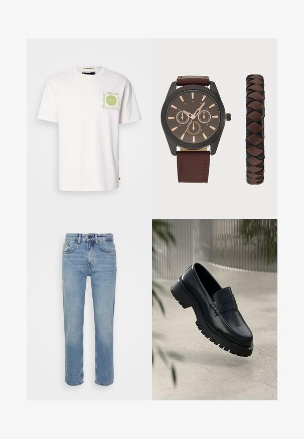 Valkoinen puuvillapusero, jossa on lyhyet hihat, ja jossa on vihreä abstrakti spiraalikaavio sekä teksti vasemmassa rintataskussa. Pyöreä kaula-aukko.; Vaaleansiniset farkut, joissa on suora lahje, viisi taskua ja kontrastivärinen tikkaus. Klassinen nappi- ja vetoketjukiinnitys vyötäröllä.; Mustat nahka loaferit, joissa on paksu pohja, koristeellinen nauha ja ompelu yksityiskohtana. Liukas pinta kiiltävällä viimeistelyllä.; Pier One SET - Rannekello - black/brown