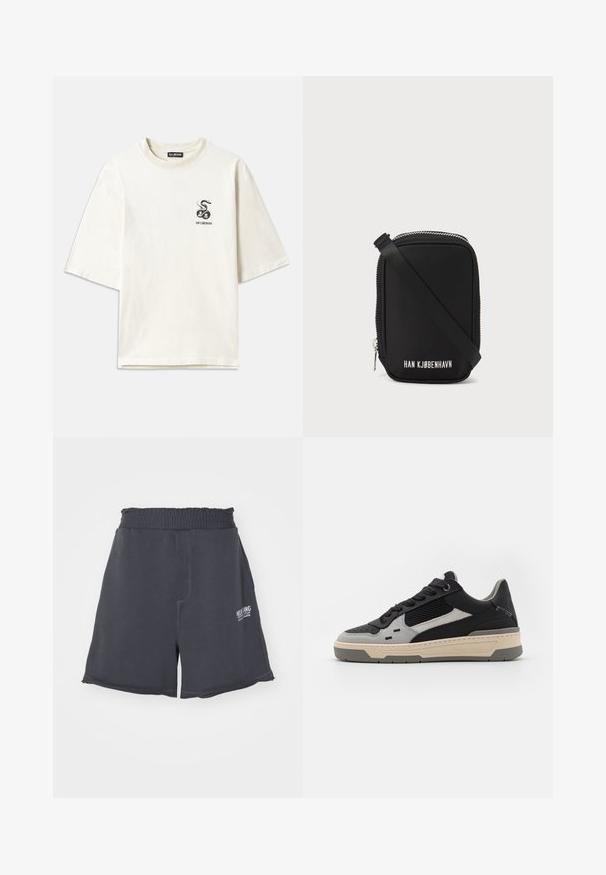 Kremowa, oversize'owa koszulka wykonana z bawełny. Ma krótkie rękawy i małą czarną grafikę węża po lewej stronie klatki piersiowej.; Ciemnoszare bawełniane szorty z elastycznym pasem, o prostym kroju, z ozdobnym ściegiem i małym białym logo z boku.; Sneakers z czarnymi i szarymi panelami, teksturowaną siateczką, gładką skórą i kremową gumową podeszwą o minimalistycznym designie.; Czarna torba o prostokątnym kształcie, wykonana z gładkiego materiału. Posiada suwak na górze, regulowany pasek i biały napis: "HAN KJØBENHAVN."
