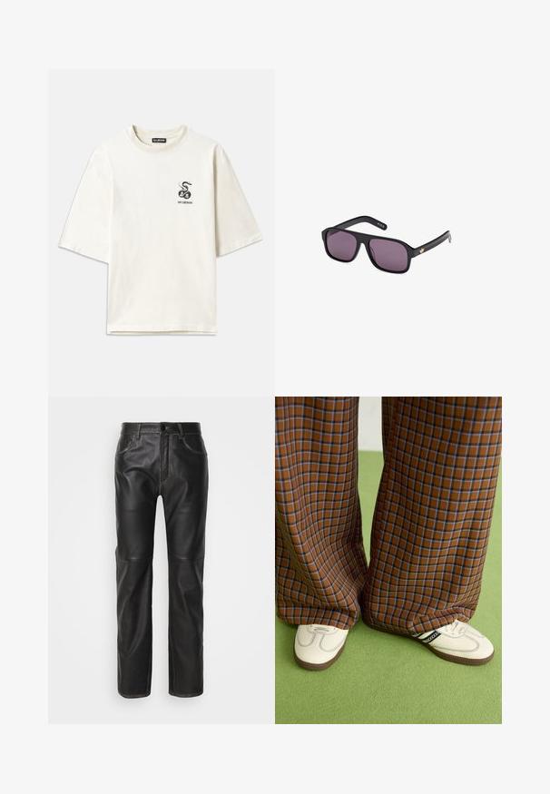 Cream-colored oversized T-shirt made of cotton. Features short sleeves and a small black snake graphic on the left chest.; 032c UMA TROUSERS - Leather trousers - black; Brown and blue plaid wide-leg trousers paired with white shoes featuring black accents and textured soles, set against a green background.; Black sunglasses with a square frame, dark lenses, and a gold logo accent on the arm. Smooth plastic material with a matte finish.