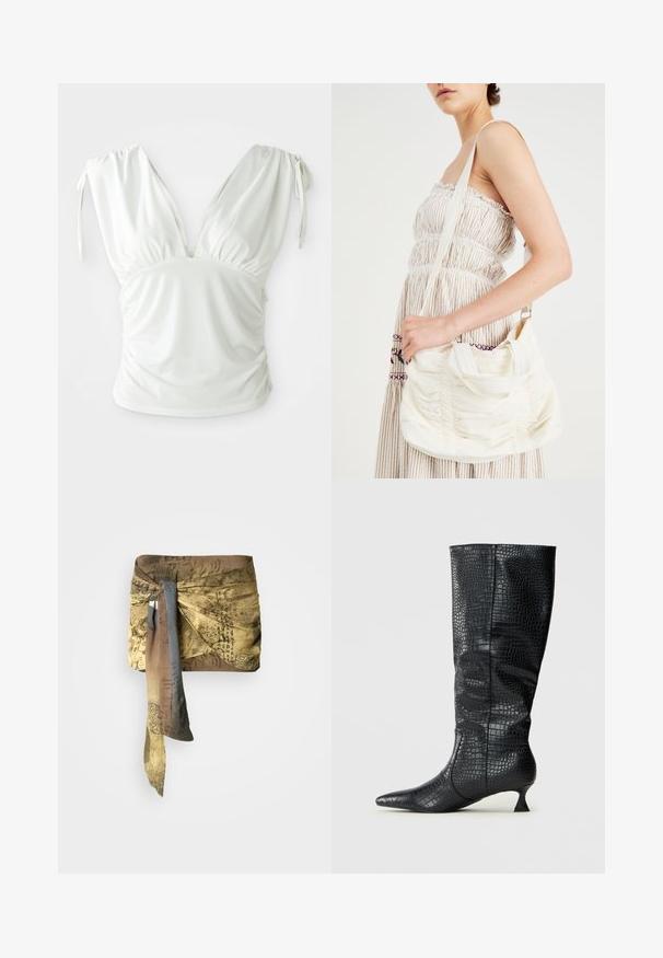 Valkoinen hihaton toppi, jossa on syvä V-pääntie ja rypytettyjen sivujen yksityiskohta, jossa on säädettävät soljettavissa hihnat mukautettavan istuvuuden takaamiseksi. Silkkinen, joustava kangas.; Silkkihuivi, jossa on abstrakti karttakuva, jossa on ruskeita ja kultaisia sävyjä, sidottuna toiselta puolelta. Pinta näyttää sileältä ja siinä on virtaava muotoilu.; Polvisukuiset mustat tekonahkabootsit, joissa on kiiltävä krokotiilitekstuuri, terävä kärki ja kapea, kulmikas korko. Klassinen muotoilu ja sulava siluetti.; Valkoinen kangaskassi, jossa on kerrostettu pinta, säädettävä olkahihna ja hopeiset yksityiskohdat. Esillä kermaisen värisen mekon vieressä.