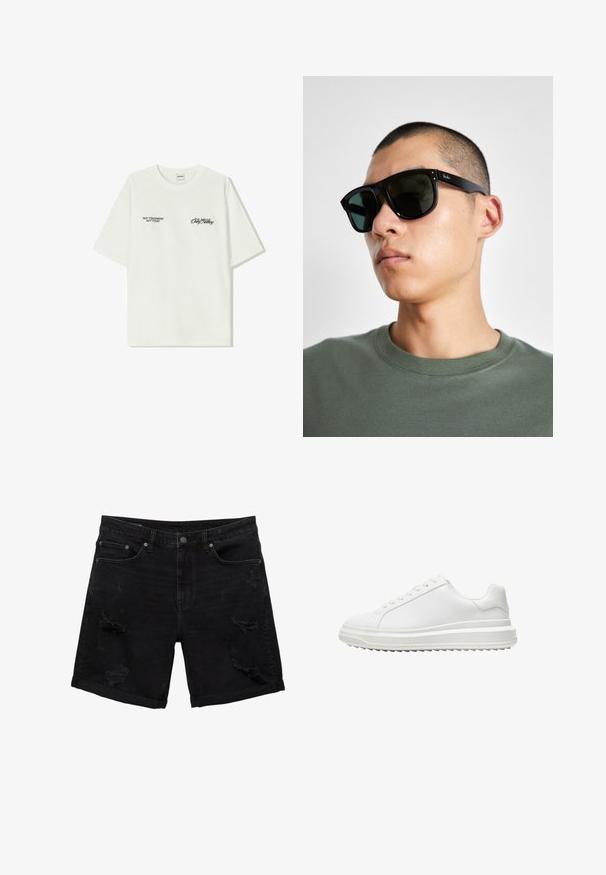 Biela bavlnená tričko s krátkymi rukávmi. Na prednej časti je čierny text: "NIE ZAJTRA NIE DNES" a "UMENIE HLINENIA" v zelenej skripte.; Čierne džínsy šortky s voľným strihom, s vyzdobením v štýle "distressed", piatimi vreckami a zrolovanými lemami.; Biele tenisky so hladkým syntetickým zvrškom, okrúhlou špičkou, plochými šnúrkami, texturovanou podrážkou a vrstveným dizajnom platformy na zvýšenie výšky.; Čierne obdĺžnikové slnečné okuliare s tmavými sklami, s charakteristickým tvarom a značkou na ramene. Nosí ich osoba v zelenej košeli.