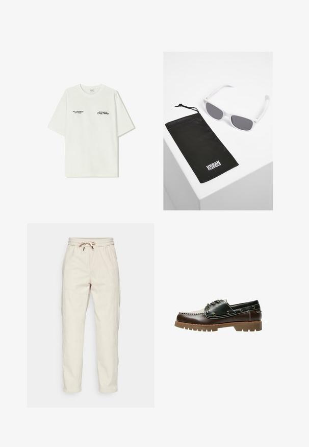 Biela bavlnená tričko s krátkymi rukávmi. Na prednej časti je čierny text: "NIE ZAJTRA NIE DNES" a "UMENIE HLINENIA" v zelenej skripte.; Svetlo béžové kordové nohavice s elastickým pásom na šnúrku, bočnými vreckami a voľným strihom, s ribovanou textúrou a zúženými nohavicami.; Hnedé a zelené kožené lodné topánky s bielym nastrihaným vzorom, guľatými šnúrkami a textúrovanou gumovou podrážkou. Odolná konštrukcia s kovovými očkami.; Biele plastové slnečné okuliare so sivými sklami vedľa čierneho textilného puzdra s bielym logom "URBAN CLASSICS" v tučnom písmene.