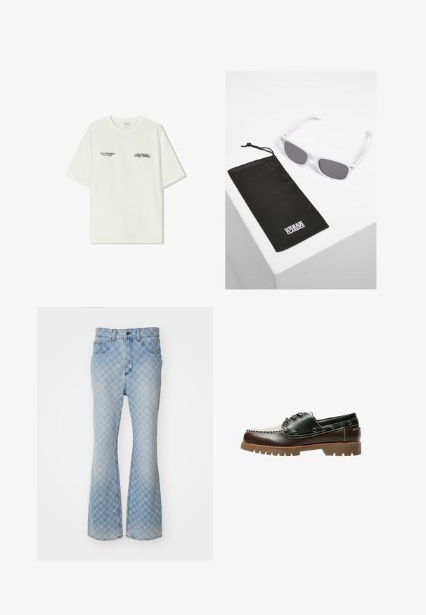 Bijela pamučna majica kratkih rukava. Na prednjem dijelu nalazi se crni natpis: "NE SJUTRA NE DANAS" i "UMJETNOST KRETANJA PRAHOM" na zelenoj boji.; Svijetloplave traperice s rasporedom u obliku zvona, s logotipom po cijeloj površini, pet džepova, kopčanjem na dugme i blago izblijedjelim završetkom.; Smeđe i zelene kožne brodske cipele s bijelim šivanim dizajnom, okruglim vezicama i teksturiranom gumiranom potplatom. Izdržljiva konstrukcija s metalnim rupicama.; Bijele plastične naočale sa sivim lećama pored crne tkaninske torbice koja ima bijeli "URBAN CLASSICS" logo u podebljanom slovu.