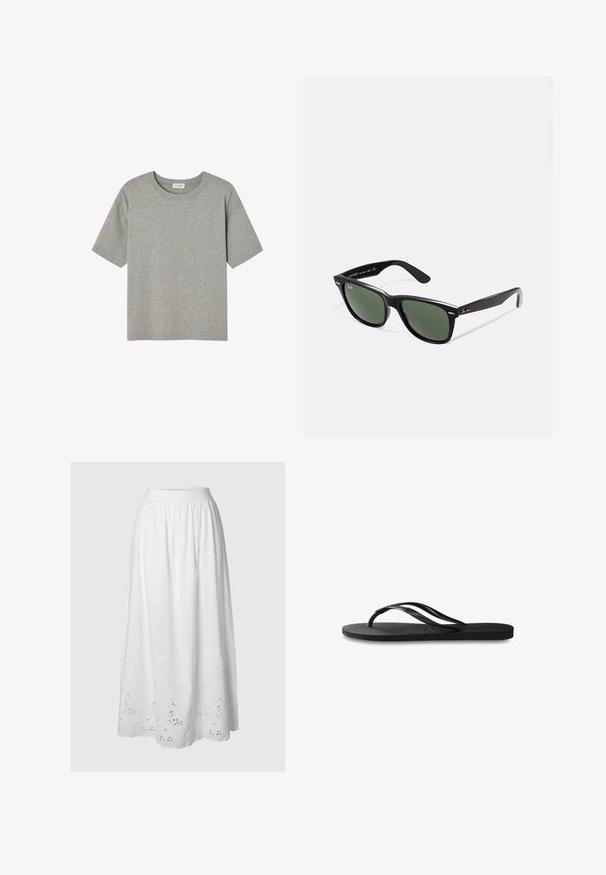 Camiseta gris de manga corta hecha de algodón suave, con cuello redondo y corte relajado, sin patrones o acentos prominentes.; Falda midi blanca con cintura elástica, que presenta bordados florales y detalles recortados en el dobladillo, confeccionada en tejido ligero.; Chanclas negras con suela de goma texturizada, dos tiras delgadas y un sutil detalle de logo en relieve en la tira.; Gafas de sol de plástico negro con lentes verdes, montura cuadrada, acento plateado en la ceja y brazos texturizados. Marca indicada en el brazo interno.