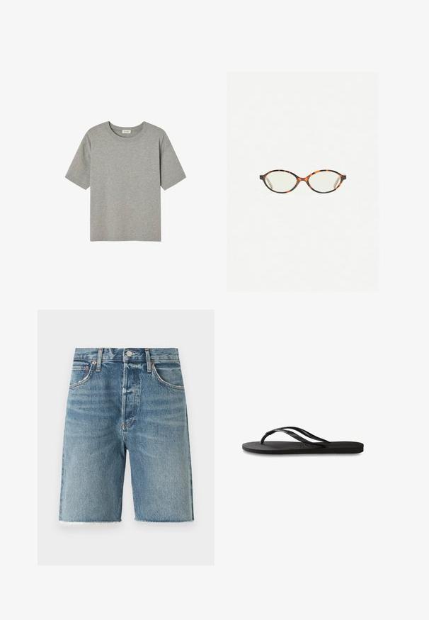 Harmaa lyhythihainen T-paita, joka on valmistettu pehmeästä puuvillasta. Paidassa on pyöreä kaula-aukko ja rento istuvuus, eikä siinä ole voimakkaita kuvioita tai yksityiskohtia.; Vaaleansiniset farkkushortsit, joissa on reikäommeltu helma, viisi taskua, edessä nappikiinnitys ja näkyvät ommelkuviot.; Mustat flip-flopit, joissa on röpelöinen kumipohja, kaksi hoikkaa remmiä ja hillitty, kohokuvioitu logotyyli remmissä.; Kilpikonnakuosiset silmälasit, joissa on soikeat linssit ja tyylikäs, sileä pinta. Ominaisuudet: ohuet sivut, joissa on hienovarainen kaari temppeleissä. Kirkkaat linssit.