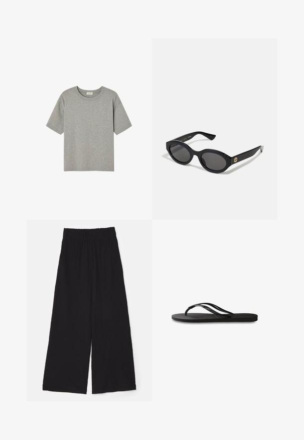 Pilkas trumpomis rankovėmis marškinėliai, pagaminti iš minkštos medvilnės, su apvalia iškirpte ir laisvu siluetu, be ryškių raštų ar akcentų.; By Malene Birger CAMPINE - Kelnės - black; Juodos šlepetės su tekstūruotu guminio pado, dviem siauromis dirželių ir subtiliu, įspaustu logotipo detalė ant dirželio.; Juodos ovalios saulės akinių su tamsiais lęšiais ir blizgia plastiko apvadu. Su auksiniu logotipu ant šventyklos, siūlo elegantišką ir modernų dizainą.