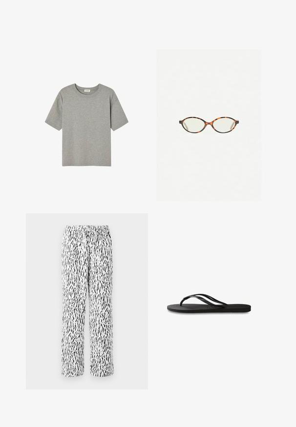 Gray short-sleeve T-shirt made of soft cotton, featuring a crew neck and relaxed fit with no prominent patterns or accents.; Black and white patterned trousers with an elastic waistband and drawstring, featuring a loose, straight-leg design and soft texture.; Black flip-flop featuring a textured rubber sole, two slender straps, and a subtle, embossed logo detail on the strap.; Tortoiseshell eyeglasses with oval lenses and a sleek, smooth finish. Features thin sides with a subtle curve at the temples. Clear lenses.