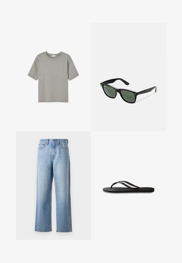 Hall ehkade käistega hall T-särk, mis on valmistatud pehmest puuvillast, omades ümmargust kaelaehet ja lõdva istuvust, ilma silmapaistvate mustrite või aktsentideta.; Heledsinine teksad sirge jala disainiga, millel on nup closure, vööloopide ja kanga pehme pleekimine.; Mustad mustes suss, millel on tekstureeritud kummist põhi, kaks peenikest rihma ja tagasihoidlik, reljeefne logo detail rihmal.; Mustad mustan plastiku prillid roheliste läätsedega, ruudukujulised raamid, hõbedane aksent kulmude peal ja tekstuuriga tempelkäed. Brändi nimi on märgitud sisevarrele.