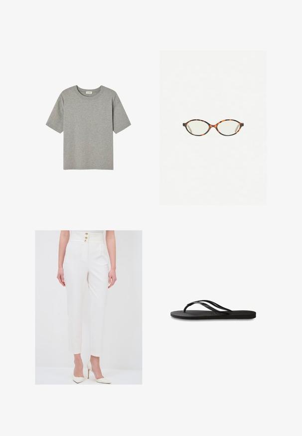 Grå T-shirt med korte ærmer lavet af blød bomuld, med runde halsudskæring og afslappet pasform uden fremtrædende mønstre eller detaljer.; adL Bukser - white; Sorte flip-flop med en tekstureret gummisål, to slanke stropper og et subtilt, præget logodetalje på stroppen.; Skildpaddebriller med ovale linser og en elegant, glat finish. Har tynde sider med en subtil kurve ved tindingerne. Klare linser.