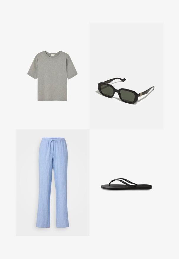 Sivi kratki rukav T-shirt od mekanog pamuka, koji se odlikuje okruglim izrezom i opuštenim krojem bez istaknutih uzoraka ili akcenata.; Samsøe Samsøe HOYS STRING TROUSERS - Hlače - mid blue; Crne japanke s teksturiranom gumenenom potplatom, dva uska remena i suptilnim, urezanim logom na remenu.; Crne pravokutne sunčane naočale s tamnozelenim lećama, s sjajnim završetkom i zlatnim logom s strane.
