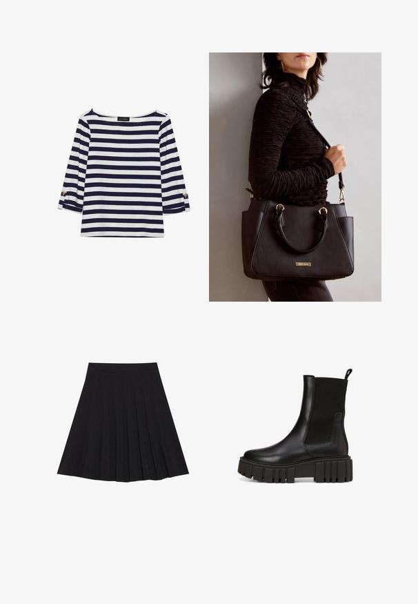 Navy and white striped long-sleeve top with a boat neckline and gold-button accents on rolled sleeves. Soft fabric, relaxed fit.; Black pleated skirt made of textured fabric with a fitted waistband. Falls to knee length, featuring a smooth, clean silhouette.; Black leather ankle boots featuring a chunky platform sole and elastic side panels for easy wear. Subtle branding on the side.; Black handbag with textured surface, dual top handles, and adjustable shoulder strap. Features gold-tone hardware and side pockets.