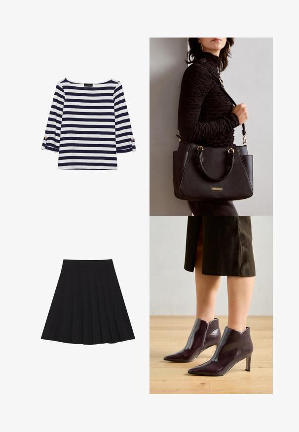 Navy and white striped long-sleeve top with a boat neckline and gold-button accents on rolled sleeves. Soft fabric, relaxed fit.; Black pleated skirt made of textured fabric with a fitted waistband. Falls to knee length, featuring a smooth, clean silhouette.; Maroon leather ankle boots with a pointed toe and slim heel. Features a side zipper and smooth, glossy texture.; Black handbag with textured surface, dual top handles, and adjustable shoulder strap. Features gold-tone hardware and side pockets.