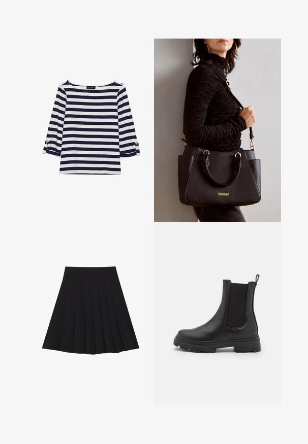 Camiseta de manga larga a rayas en azul marino y blanco, con escote barco y acentos de botones dorados en las mangas enrolladas. Tejido suave y corte relajado.; Falda plisada negra hecha de un tejido texturizado con una cinturilla ajustada. Llega a la altura de la rodilla y presenta una silueta suave y limpia.; Botín de cuero negro hasta el tobillo con paneles laterales elásticos, punta redondeada y suela de goma texturizada. Presenta un lazo en la parte trasera para facilitar el uso.; Bolso negro con superficie texturizada, doble asa superior y correa para hombro ajustable. Presenta herrajes en tono dorado y bolsillos laterales.