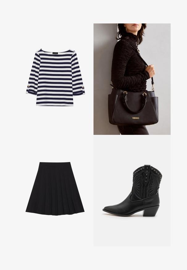 Navy and white striped long-sleeve top with a boat neckline and gold-button accents on rolled sleeves. Soft fabric, relaxed fit.; Black pleated skirt made of textured fabric with a fitted waistband. Falls to knee length, featuring a smooth, clean silhouette.; Black leather cowboy boots featuring pointed toes, decorative stitching, and metal studs along the top. Stacked heel and textured finish.; Black handbag with textured surface, dual top handles, and adjustable shoulder strap. Features gold-tone hardware and side pockets.