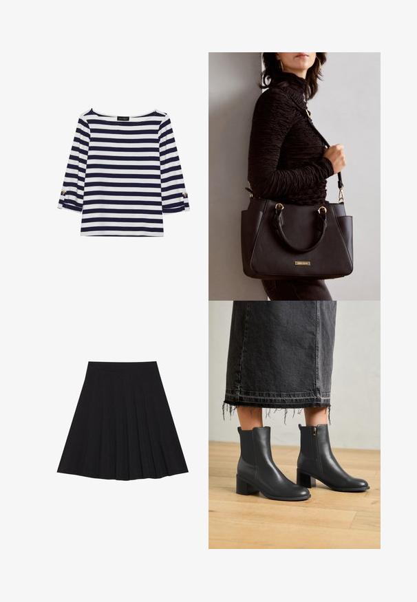 Haut rayé bleu marine et blanc à manches longues avec un col bateau et des accents de boutons dorés sur les manches retroussées. Tissu doux, coupe décontractée.; Jupe plissée noire en tissu texturé avec une taille ajustée. Arrive au genou, présentant une silhouette lisse et épurée.; Bottines en cuir noir avec un bout rond et un talon carré. Elles comportent une fermeture éclair sur le côté et une texture lisse. Portées avec une jupe en denim effilochée.; Sac à main noir avec surface texturée, deux poignées supérieures et bandoulière réglable. Doté de quincaillerie dorée et de poches latérales.