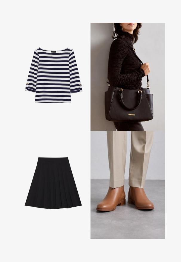 Camiseta de manga larga a rayas en azul marino y blanco, con escote barco y acentos de botones dorados en las mangas enrolladas. Tejido suave y corte relajado.; Falda plisada negra hecha de un tejido texturizado con una cinturilla ajustada. Llega a la altura de la rodilla y presenta una silueta suave y limpia.; Botas de cuero marrón hasta el tobillo con un acabado texturizado, puntera redonda y tacón bajo apilado, combinadas con pantalones beige claros.; Bolso negro con superficie texturizada, doble asa superior y correa para hombro ajustable. Presenta herrajes en tono dorado y bolsillos laterales.
