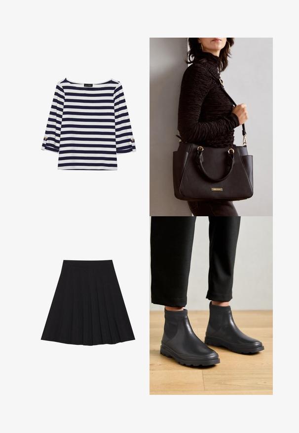 Haut rayé bleu marine et blanc à manches longues avec un col bateau et des accents de boutons dorés sur les manches retroussées. Tissu doux, coupe décontractée.; Jupe plissée noire en tissu texturé avec une taille ajustée. Arrive au genou, présentant une silhouette lisse et épurée.; Camper BRUTUS - Boots à talons - black; Sac à main noir avec surface texturée, deux poignées supérieures et bandoulière réglable. Doté de quincaillerie dorée et de poches latérales.