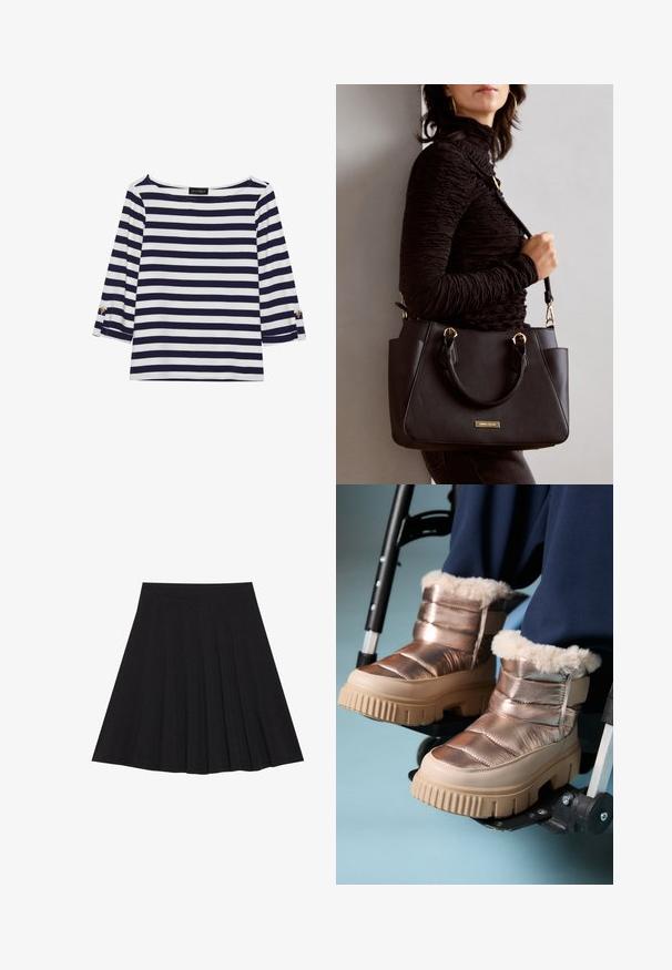 Laivastonsininen ja valkoinen raidallinen pitkähihainen paita, jossa on venepääntie ja kultaiset napit käärittyissä hihoissa. Pehmeä kangas, rento mitoitus.; Musta taitettu hame, joka on valmistettu teksturoidusta kankaasta ja jossa on tiukka vyötärö. Laskeutuu polveen, ja siinä on suora ja siisti siluetti.; Henkilö, jolla on metalliset talvijalkineet, joissa on karvavuori, lepää jalkansa pyörätuolin jalkatuilla vaaleansinistä taustaa vasten.; Musta käsilaukku, jossa on teksturoitu pinta, kaksi yläkantta ja säädettävä olkahihna. Varustettu kultasävyisillä varusteilla ja sivutaskuilla.