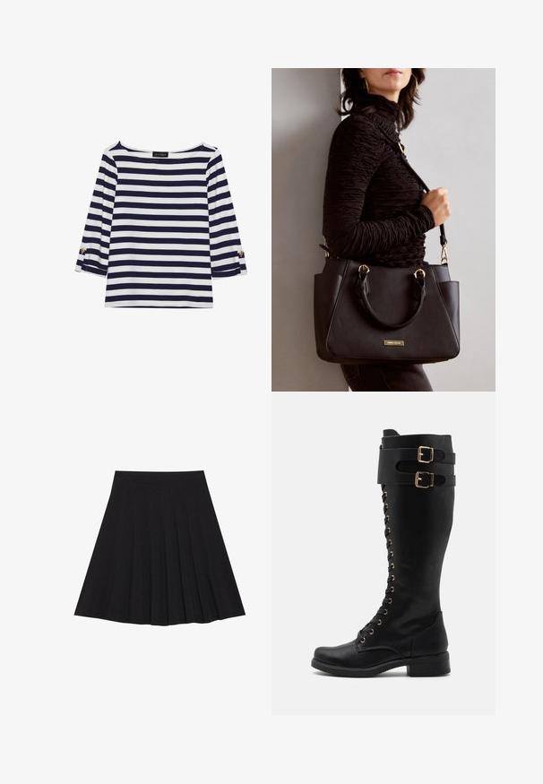 Marineblå og hvide stribede langærmede top med bådudskæring og guldknapdetaljer på opsmøgede ærmer. Blødt stof, afslappet pasform.; Sort plisseret nederdel lavet af struktureret stof med en tætsiddende talje. Faldende til knæ længde og har en glat, ren silhuet.; Knæhøje sorte læderstøvler med guldkarm accents, der har snørebånd fortil, to spænder og en blokhæl.; Sort håndtaske med struktureret overflade, dobbelt topbærere og justerbar skulderrem. Udstyret med guldfarvet metalhardware og sidelommer.