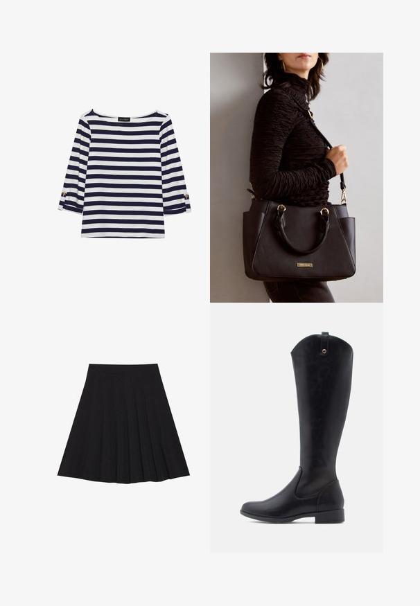 Marinblå och vit randig långärmad topp med båtutskuren hals och guldknappdetaljer på uppvikta ärmar. Mjuk tyg, avslappnad passform.; Svart plisserad kjol gjord av texturerad tyg med en figurnära midjeband. Faller till knä längd och har en slät, ren silhuett.; Knähöga svarta läderstövlar med en slät yta, rund tå, låg klack, och en böjd övre kant med en ögla baktill.; Svart handväska med texturerad yta, dubbla handtag upptill och justerbar axelrem. Utrustad med detaljer i guld och sidofickor.