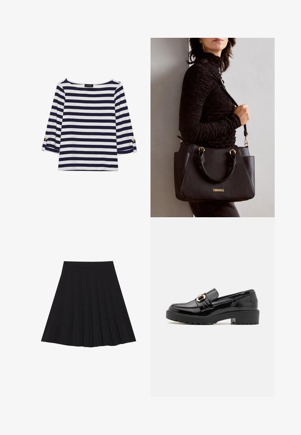 Navy and white striped long-sleeve top with a boat neckline and gold-button accents on rolled sleeves. Soft fabric, relaxed fit.; Black pleated skirt made of textured fabric with a fitted waistband. Falls to knee length, featuring a smooth, clean silhouette.; Black patent leather loafers with a low block heel, featuring a prominent gold-tone buckle and textured, lugged outsole.; Black handbag with textured surface, dual top handles, and adjustable shoulder strap. Features gold-tone hardware and side pockets.