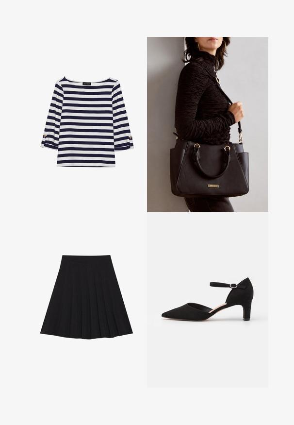 Gestreiftes Langarmoberteil in Marineblau und Weiß mit einem Bootsausschnitt und goldfarbenen Knopfdetails an den hochgekrempelten Ärmeln. Weicher Stoff, entspannter Schnitt.; Schwarzer, plissierter Rock aus strukturiertem Stoff mit einem taillierten Bund. Fällt knielang und hat eine glatte, klare Silhouette.; Schwarze Wildleder-Pumps mit spitzem Zehenbereich, Fesselriemen mit runder Schnalle und niedrigem Blockabsatz. Glatte Textur und minimalistisches Design.; Schwarze Handtasche mit strukturierten Oberflächen, doppelten Obergriffen und verstellbarem Schultergurt. Mit goldfarbener Hardware und Seitentaschen.