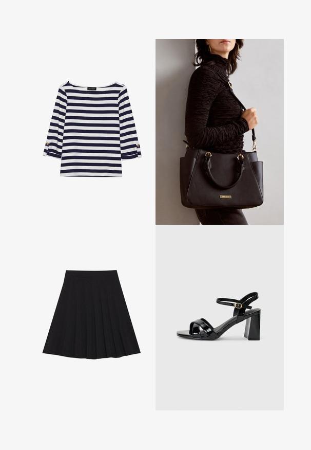 Mornarsko modra in bela črtasta majica z dolgimi rokavi, z vratnim izrezom v obliki čolna in zlatimi gumbi na zavihkih rokavov. Mehka tkanina, sproščen kroj.; Črna plisirana krila iz strukturiranega materiala s prilegajočim pasom. Segajo do kolen in ponujajo gladko, čisto silhueto.; Črne lakirane sandale na visoki peti z blok peto, z prepletenimi sprednjimi trakovi in nastavljivim gležnjačnim trakom z zlatim sponko.; Črna torbica z teksturirano površino, z dvema zgornjima ročajema in nastavljivim ramenskim pasom. Ima zlatovrateče dodatke in stranske žepe.